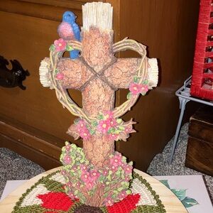 Rustic Cross with Bluebird and Pink Flowers Decor Wall Decor 9” X 5”